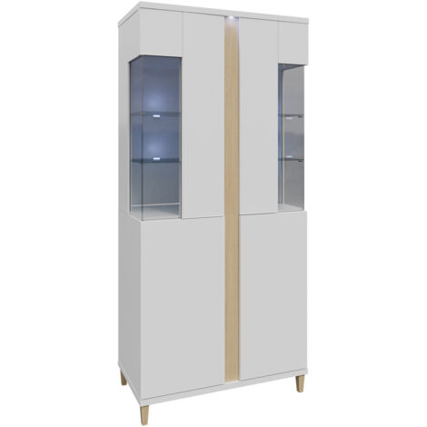 Étagère Florem IV, Blanc + Blanc brillant + Clair bois, Fermé, Avec des portes, Verre, Stratifié, Le nombre de portes: 4, Nombre de tiroirs: 0, 198x92x40cm, LED: Disponible