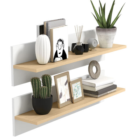 Étagère flottante 2 pièces, planche murale design pour présentation, blanc et bois naturel, idéal cuisine et salon