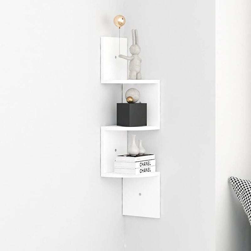 Yoleo - tagère Flottante à 3 Niveaux, Étagère d'angle Murale Multicouche, Étagère en Zig zag, Étagère décorative - 82cm Blanc