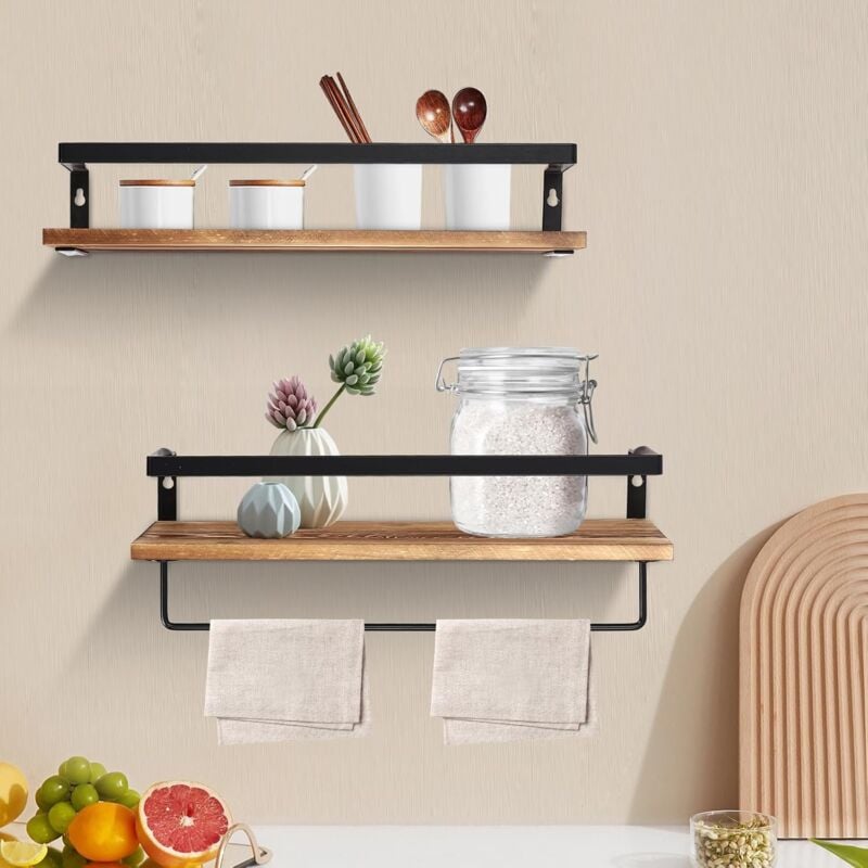Gojoy - tagère flottante murale à 2 étages, étagère murale avec porte-serviettes étagères flottantes Rétro En bois pour le bureau à domicile