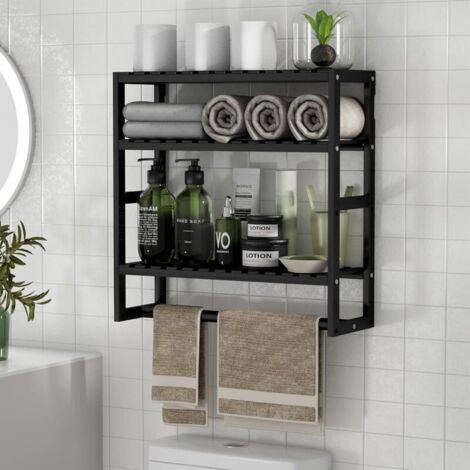 Étagère flottante murale en bambou à hauteur réglable avec porte-serviettes pour salle de bain et cuisine (noir, 1 pièce)