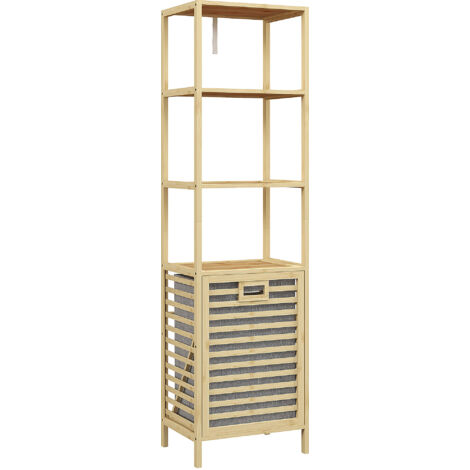 Étagère gain de place, 160 cm, en bambou naturel, avec 3 niches et un panier en tissu amovible pour éviter le basculement.