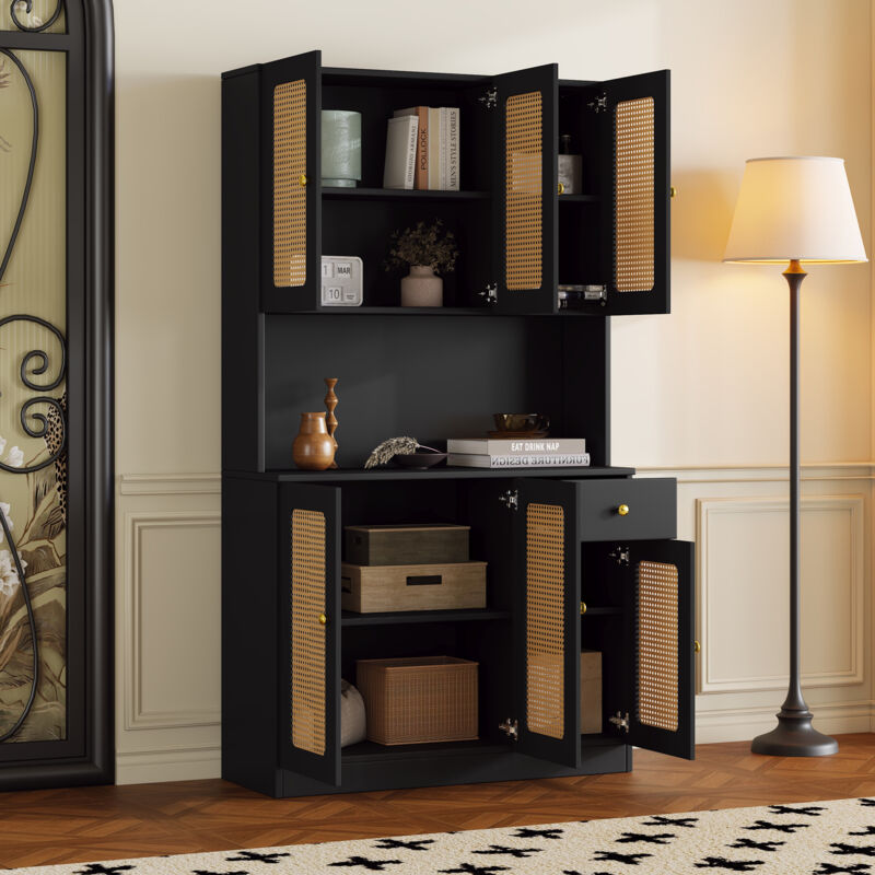 Redom - Buffet haut élégant en rotin - buffet de salon avec 6 portes en rotin et un tiroir blanc, espace de rangement, 100x38x180 cm, noir