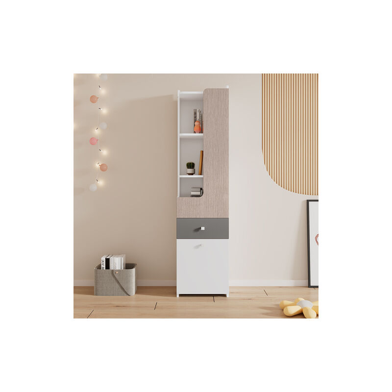 Etagère haute, étagère Junior avec porte en l, avec tiroirs, casier, porte avec charnière, avec boutons métalliques carrés