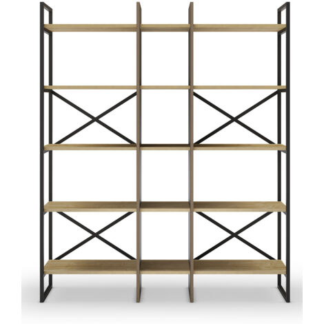 Etagère haute, meuble étagère aspect bois coloris chêne et métal noir  - Longueur 143,50 x Profondeur 35 x Hauteur 175 cm