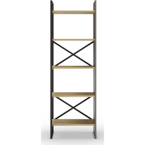 Etagère haute, meuble étagère aspect bois coloris chêne et métal noir - Longueur 58 x Profondeur 35 x Hauteur 175 cm