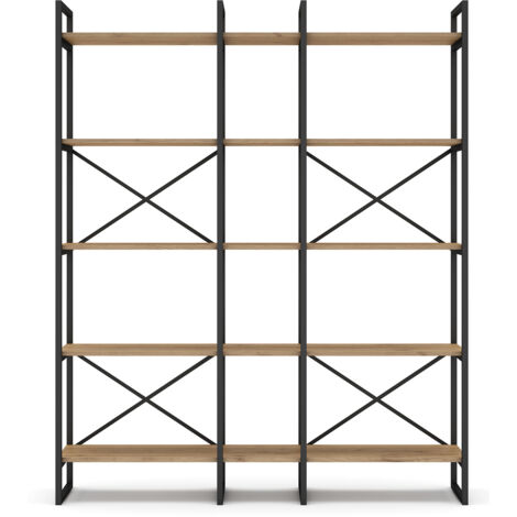 Etagère haute, meuble étagère aspect bois coloris naturel et métal noir - Longueur 143,5 x Profondeur 30 x Hauteur 175 cm