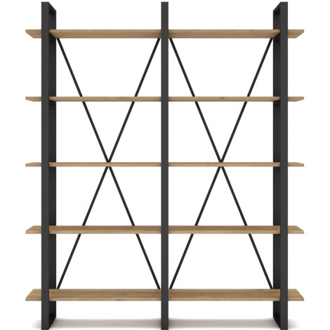 Etagère haute, meuble étagère aspect bois coloris naturel et métal noir - Longueur 147,50 x Profondeur 34 x Hauteur 180 cm