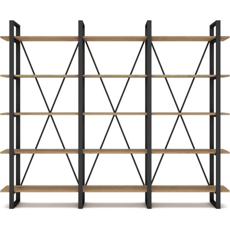 Etagère haute, meuble étagère aspect bois coloris naturel et métal noir - Longueur 217,50 x Profondeur 34,50 x Hauteur 180 cm