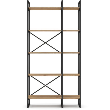 Etagère haute, meuble étagère aspect bois coloris naturel et métal noir - Longueur 87,5 x Profondeur 30 x Hauteur 175 cm