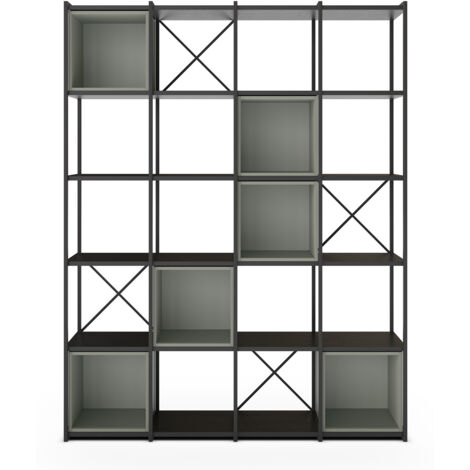Etagère haute, meuble étagère aspect bois coloris Vert et métal noir - Longueur 140 x Profondeur 39 x Hauteur 179 cm
