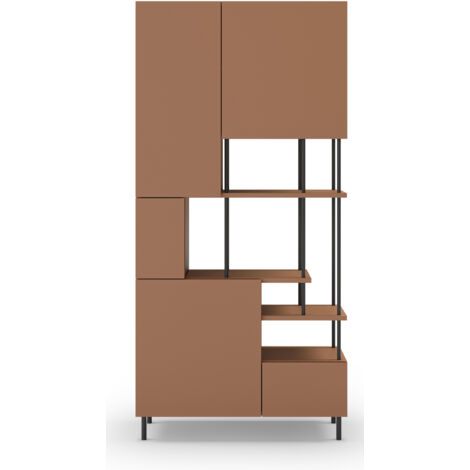 Etagère haute, meuble étagère avec 5 portes aspect bois coloris terracotta, pieds en métal noir  - Longueur 84 x Profondeur 34 x Hauteur 175 cm