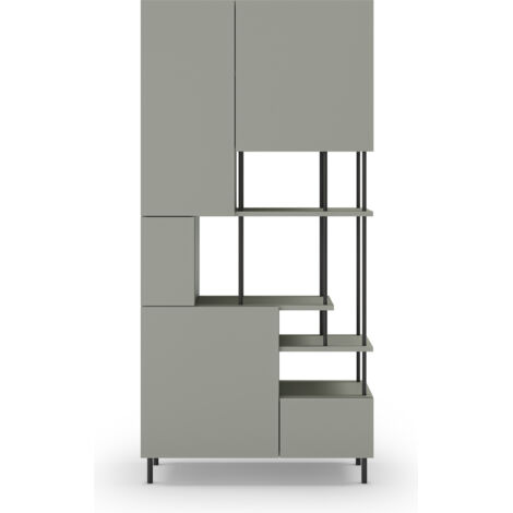 Etagère haute, meuble étagère avec 5 portes aspect bois coloris Vert, pieds en métal noir  - Longueur 84 x Profondeur 34 x Hauteur 175 cm