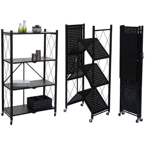 Étagère HWC-J85, Étagère sur pied Étagère de salon, pliable/repliable acier  noir, 4 niveaux