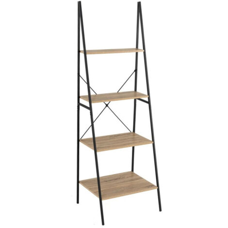 Étagère Inclinée 4 Plateaux en MDF Bois et Métal Noir