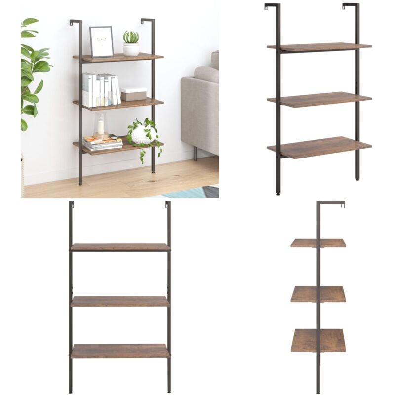 Tagère inclinée à 3 niveaux Marron foncé et noir 64x35x120,5cm - Bibliothèque - Étagère Murale - Meuble Rangement - Étagère Inclinée - Décoration