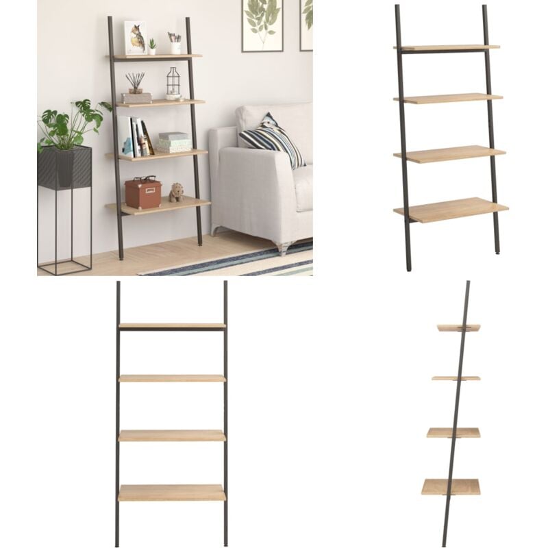 Tagère inclinée à 4 niveaux Marron clair et noir 64x34x150,5cm - Bibliothèque Murale - Étagère Inclinée - Meuble Rangement - Étagère Design - Étagère