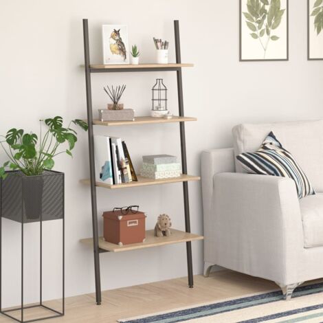 Étagère inclinée à 4 niveaux  Meuble Étagère Meuble de rangement Marron clair et noir 64x34x150,5cm 44607