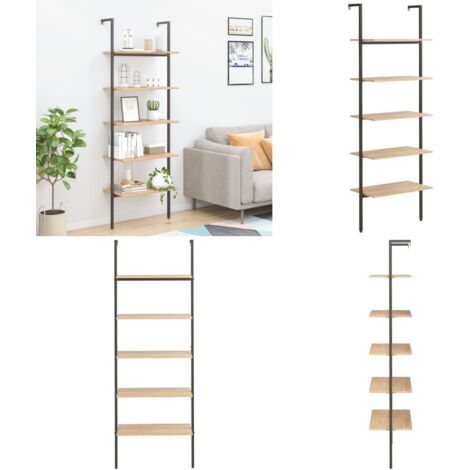 Étagère inclinée à 5 niveaux Marron clair et noir 64x35x185cm - Bibliothèque - Étagère Murale - Meuble De Rangement - Étagère Inclinée - Rangement Mural - Home & Living