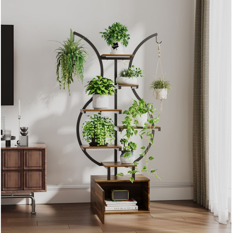 Étagère Jardin 6 Niveaux avec LED – Fer Forgé Noir, pour Balcon, Terrasse, Jardin ou Intérieur – 40x40x142 cm