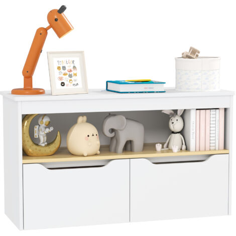 Étagère jouets enfants 2 tiroirs compartiment salon/chambre/salle jeux, 80x30x45 cm, blanc