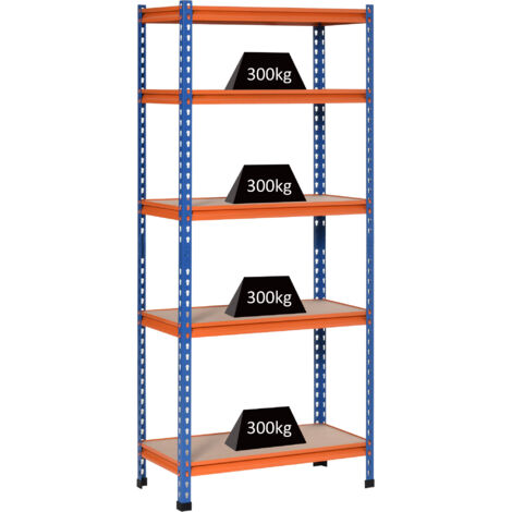 Étagère métal garage 5 niveaux, capacité 1500 kg, dimensions 80 x 40 x 182 cm, bleu/orange