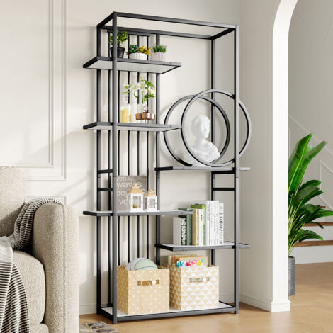 Étagère Métal Moderne Design Géométrique, Structure Acier à Niveaux, Déco Ronds, Blanc/Noir 100x30x180 cm