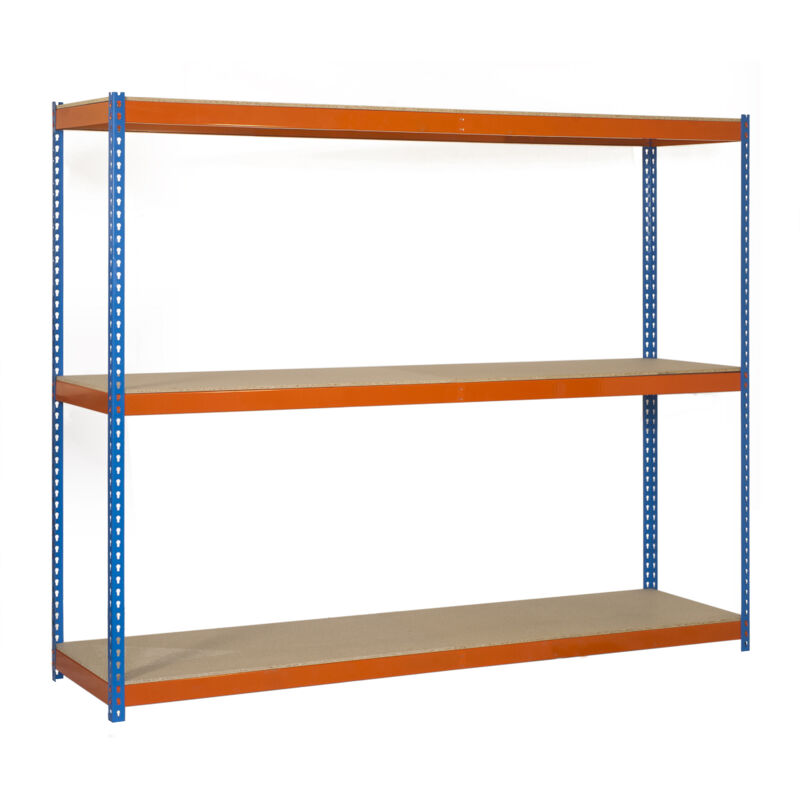 Tagère Industrielle, 2000x2400x450 mm, 3 Niveaux en bois, 400 kg Capacité de Charge et Point de Flexion, Étagère Charge Lourde, Bleu/Orange/Bois