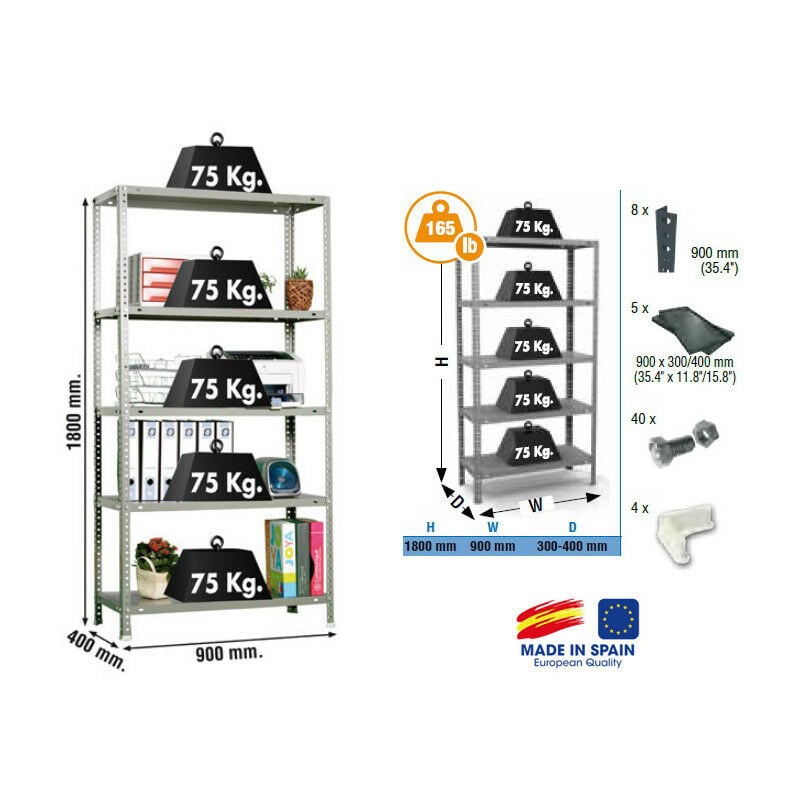 Simon Rack - Etagère de rangement 1800x900x400mm Gris foncé Charge 75Kg - Advantage 5/400