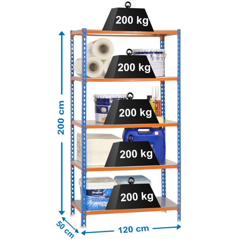 Etagère légère métallique sans vis simonclick megaplus 5/500 bleu/orange/galva - 2000x1200x500 200Kg Simonrack