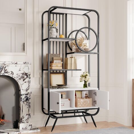 Étagère métallique 80 x 30 x 180 cm, meuble de rangement blanc à double porte, trois étagères, structure en métal noir, pieds hauts en métal, décoration ronde, blanc et noir