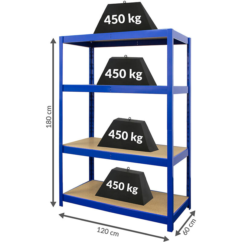 Certeo - Étagère stable pour charges lourdes | HxLxP 180 x 120 x 60 cm | Profondeur 60 cm | 450 kg par tablette - Bleu