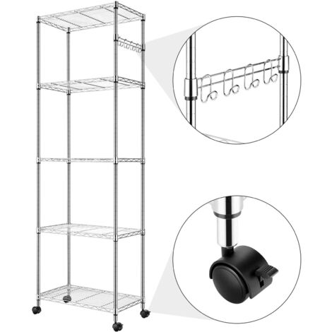 Etagère métallique de rangement à 5 niveaux - 60x35x180cm - avec Roulettes pour cuisine, salle de bain, balcon, salon