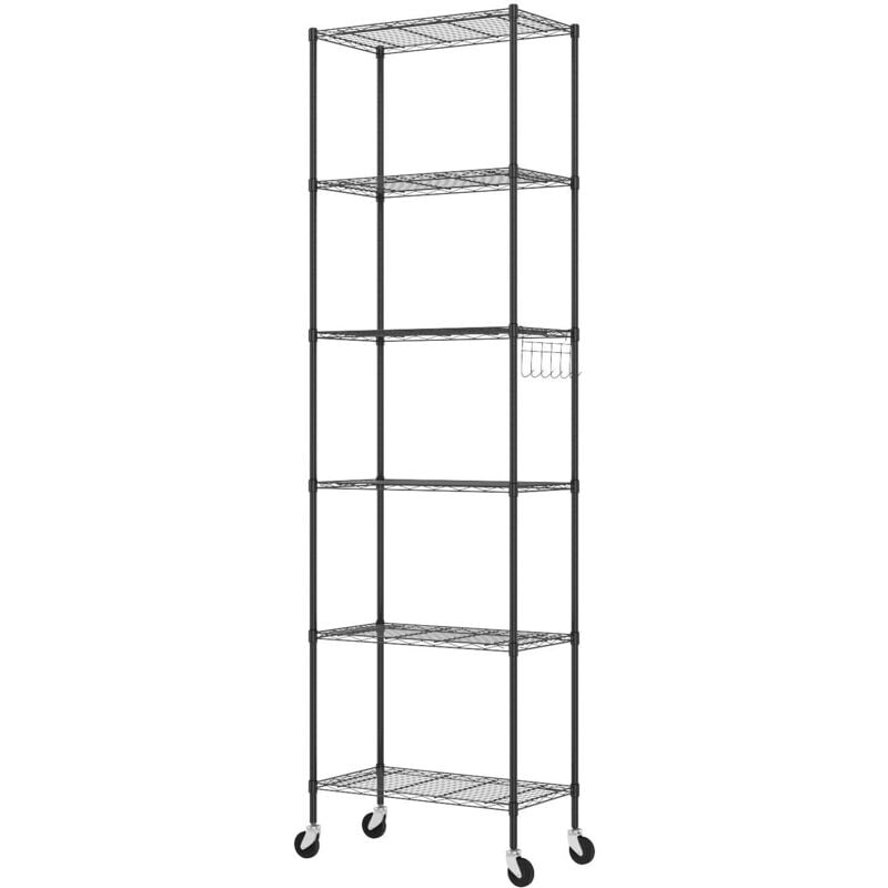 Etagère Métallique de Rangement à 6 niveaux 54 x 29 x 160cm, Pieds Réglables, 4 Roulettes, Bibliothèque, Rayonnage, pour Salon, Cuisine, Balcon et