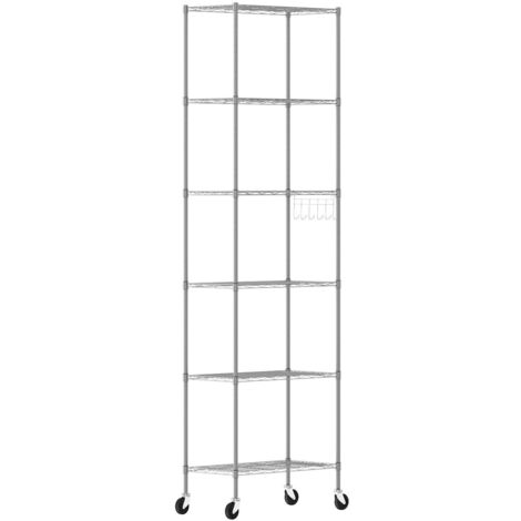 Etagère Métallique de Rangement à 6 niveaux 54 x 29 x 160cm, Pieds Réglables,  4 Roulettes, Bibliothèque, Rayonnage, pour Salon, Cuisine, Balcon et Salle de Bain, avec Crochets Argent