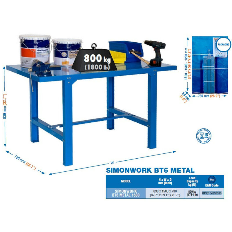 Simon Rack - Etabli 830x1500x730mm Bleu - BT6 metal 1500