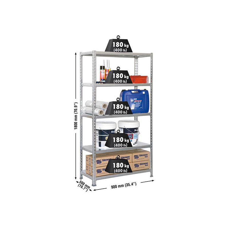 Etagère légère métallique sans vis simonclick 5/500 galva/galva - 1800x900x500 180Kg Simonrack