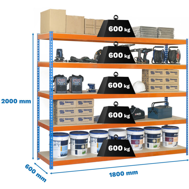 Simonrack - Etagère charge lourde simonforte 1806-5 chipboard bleu/orange/mader - 2000x1800x600 600Kg