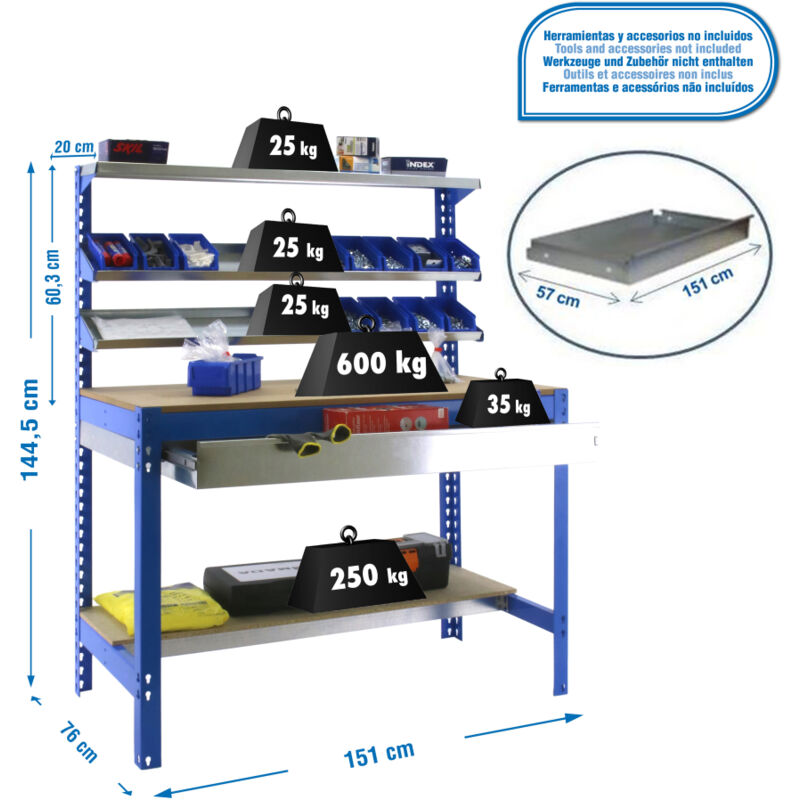 Etagère basse banc de travail simonwork BT1 box 1500 bleu/bois - 1445x1510x760 600Kg Simonrack