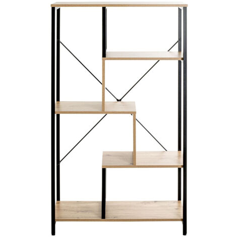 Etagère, meuble étagère en bois coloris chêne et métal noir  -longueur 74 x profondeur 35 x hauteur 132 cm