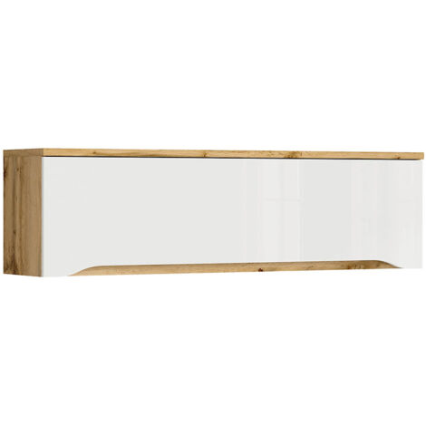 Etagère meuble murale à charnières, coloris Chêne wotan/Blanc brillant - Longueur 135 x Profondeur 29 x Hauteur 37,5 cm