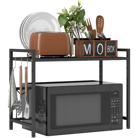 Étagère micro-ondes extensible 2 niveaux noire, cadre métal, 3 crochets, rangement cuisine gain de place, support mural ou sur plan de travail, solide et ajustable.