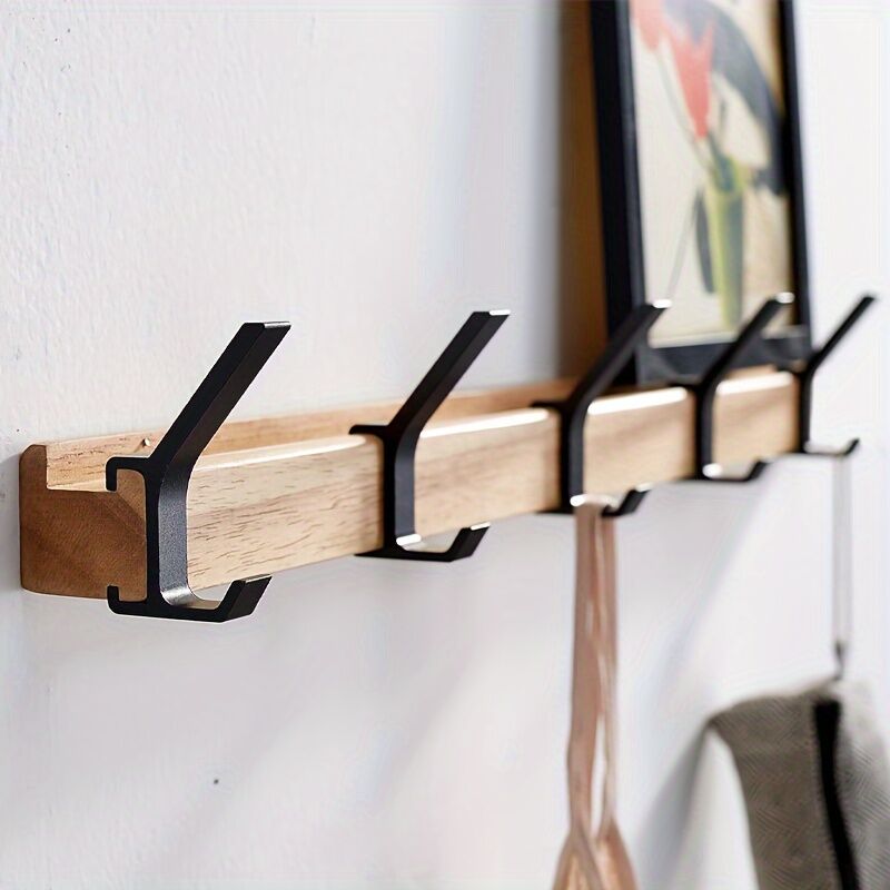Étagère Mural Bois 5 Crochets Double Aluminium - Manteaux Serviettes - Idéal pour Familles Salon
