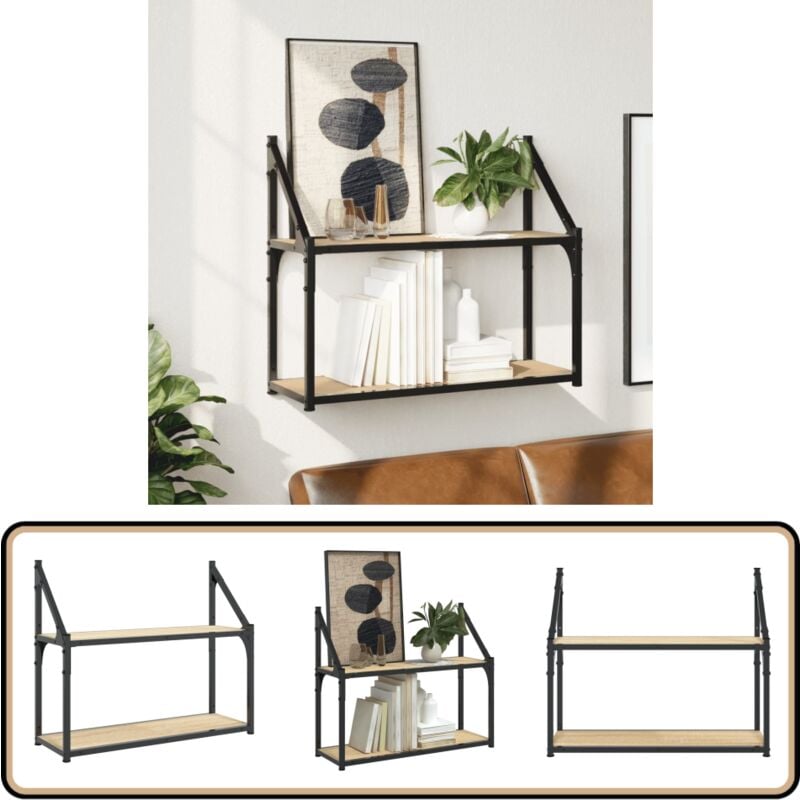 Tagère murale 2 niveaux chêne sonoma 60x21x51 cm - Étagère Murale - Étagère Flottante - Rangement Mural - Bibliothèque Murale - Décoration Murale