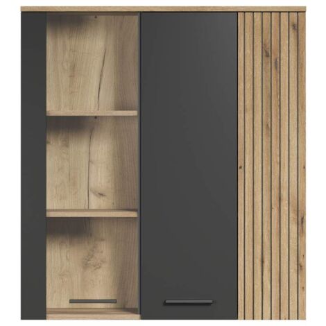 Etagère murale 3 portes 90x34x99 cm décor chêne et anthracite - YANN