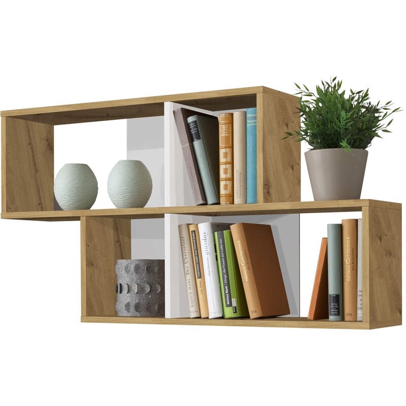 Terre De Nuit - Etagère murale 4 cases en bois imitation chêne artisan et blanc - ET13042-1