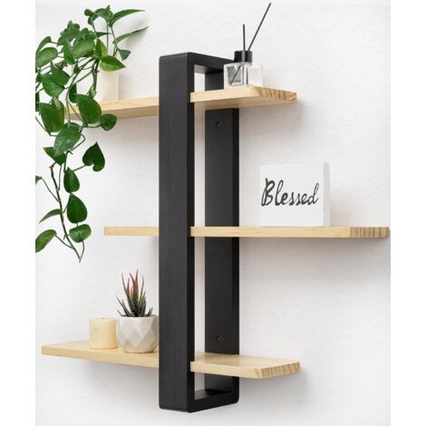 Étagère Murale Ajustable, Bois de Pin, HxLxP: 50x58x14 cm, Décoration Murale, Rangement Rustique avec 3 Niveaux, Noir/Blanc