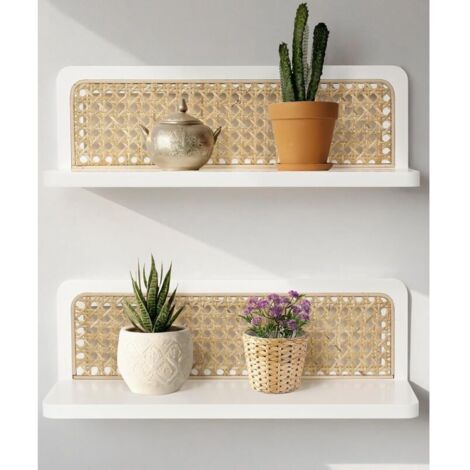 Étagère Murale Blanche Boho 2 Set, Étagères Murales en Rotin, Décoration Murale Rustique Moderne en Bois, Étagères de Rangement Murales pour Salon, Chambre d’Enfant, Chambre à Coucher