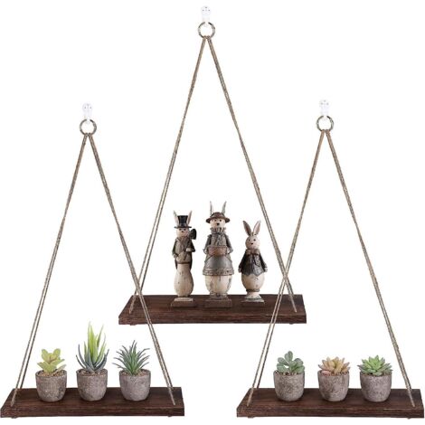 Étagère murale bohème en macramé avec pompons - Étagère suspendue en bois tressé à la main pour chambre, salon ou salle de bain