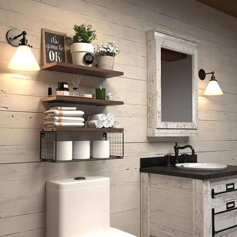 Étagère Murale Bois 3+1 pour Salle de Bain et Cuisine, avec Panier de Rangement en Fil Métallique pour Salon/Bureau